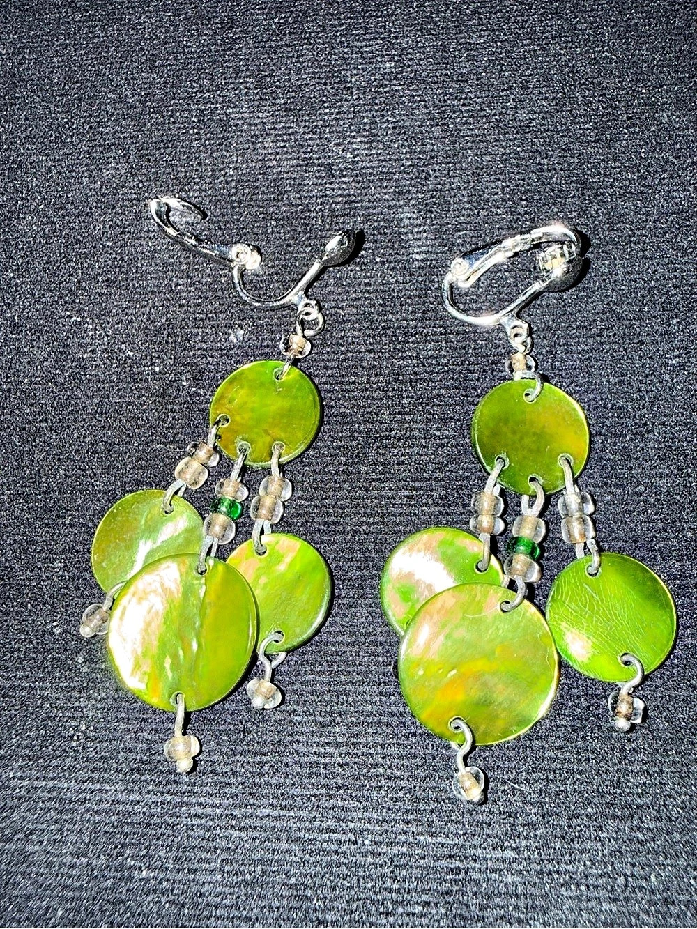 Green Disc Dangle Clip-On Earrings Like New